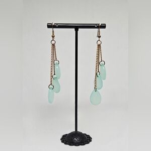 Bronze Chain Dangle Earrings Aqua Teardrop Beads Boho Style
